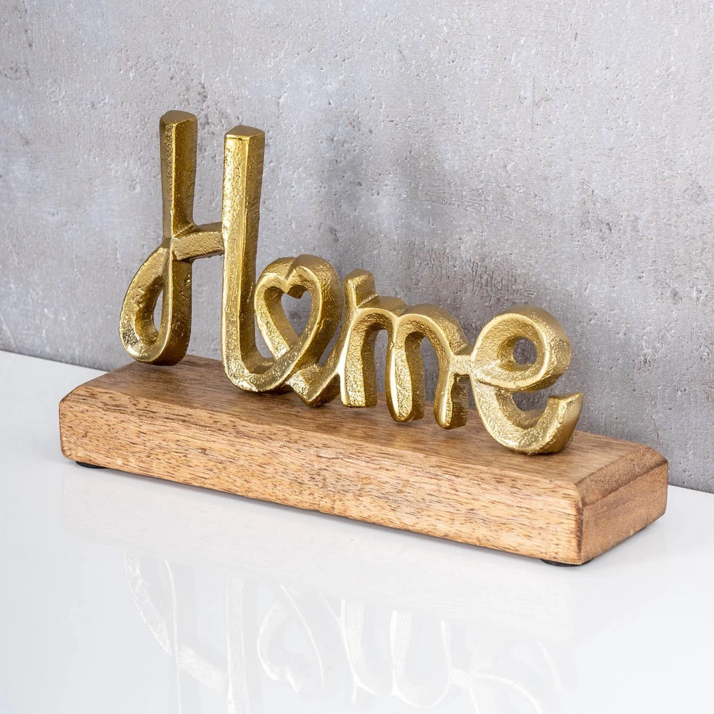 Deko-Schriftzug „Home“ – Metall & Mangoholz, Gold/Natur